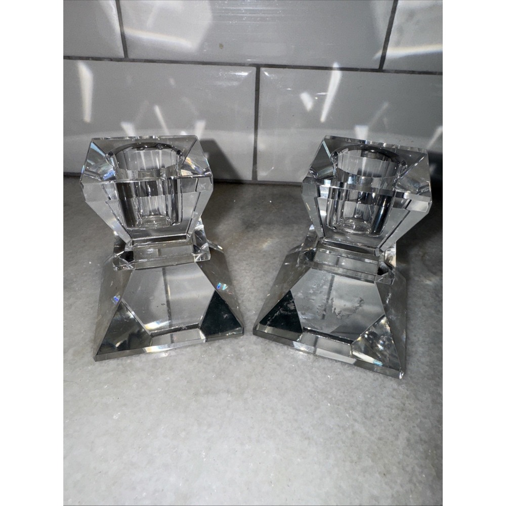 PAIR 2 Badash  2.75" Saturn Crystal Candle‎ Holders SQUARE BASE GW006